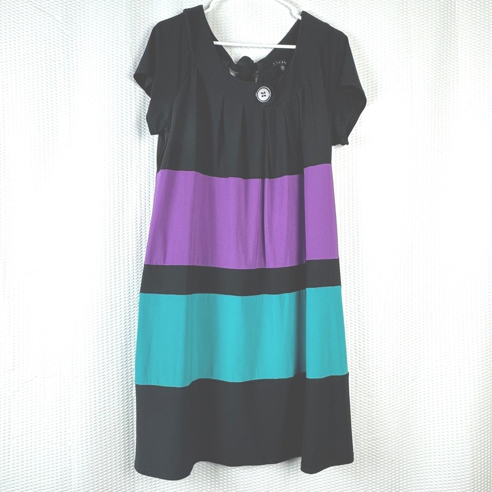 Tiana B. Colorblock Dress XL Black Purple‎ Teal Short Sleeve Tie Back Casual